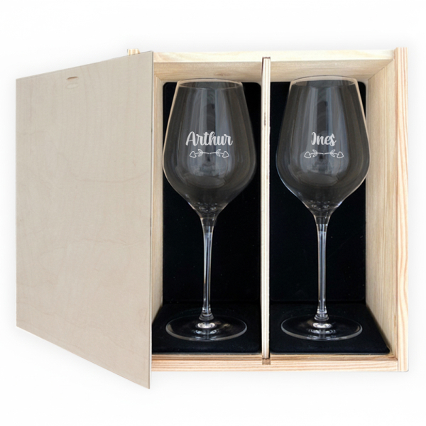 Caixa amor com 2 copos de vinho personalizados Caixa amor com 2 copos de vinho personalizados