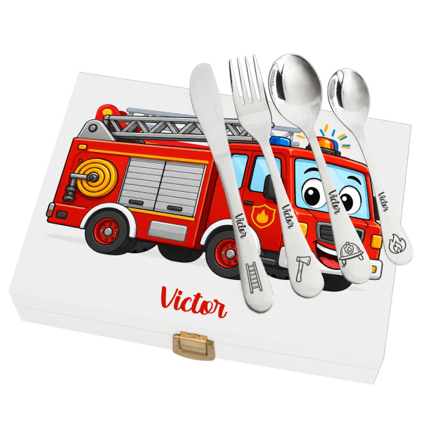 Coffret camião de bombeiros e os seus talheres personalizados Coffret camião de bombeiros e os seus talheres personalizados