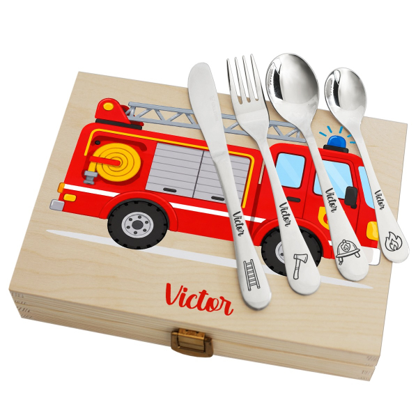 Coffret camião de bombeiros e os seus talheres personalizados Coffret camião de bombeiros e os seus talheres personalizados