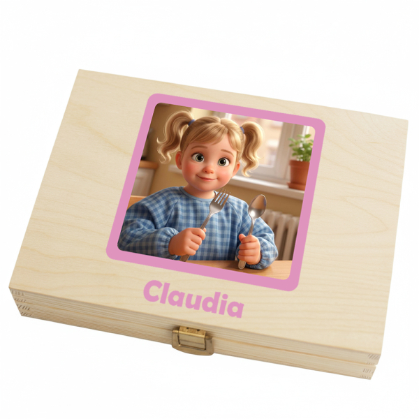 Conjunto de talheres infantis com foto transformada em estilo desenho animado Conjunto de talheres infantis com foto transformada em estilo desenho animado