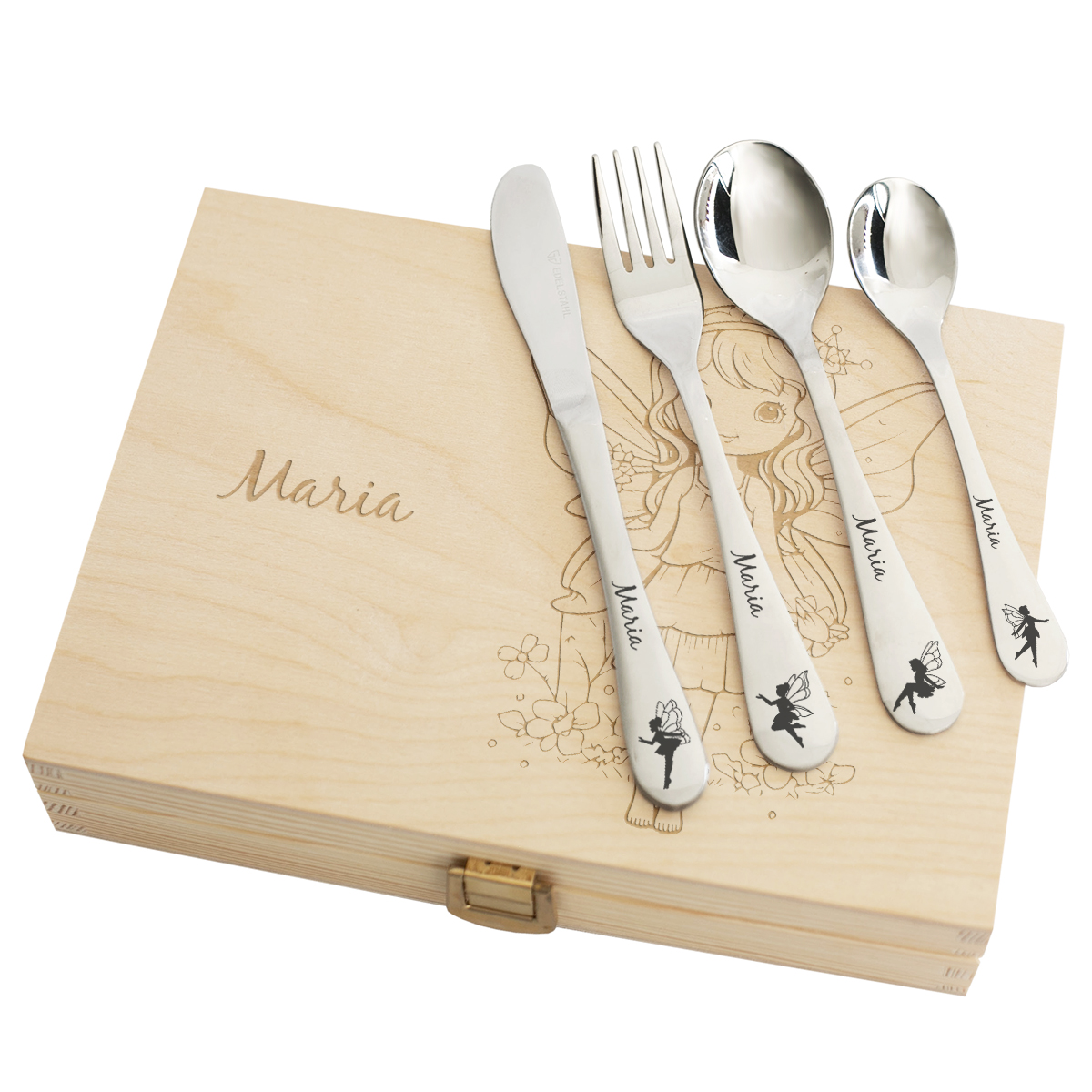 Talheres de menina personalizados com uma fada Talheres de menina personalizados com uma fada