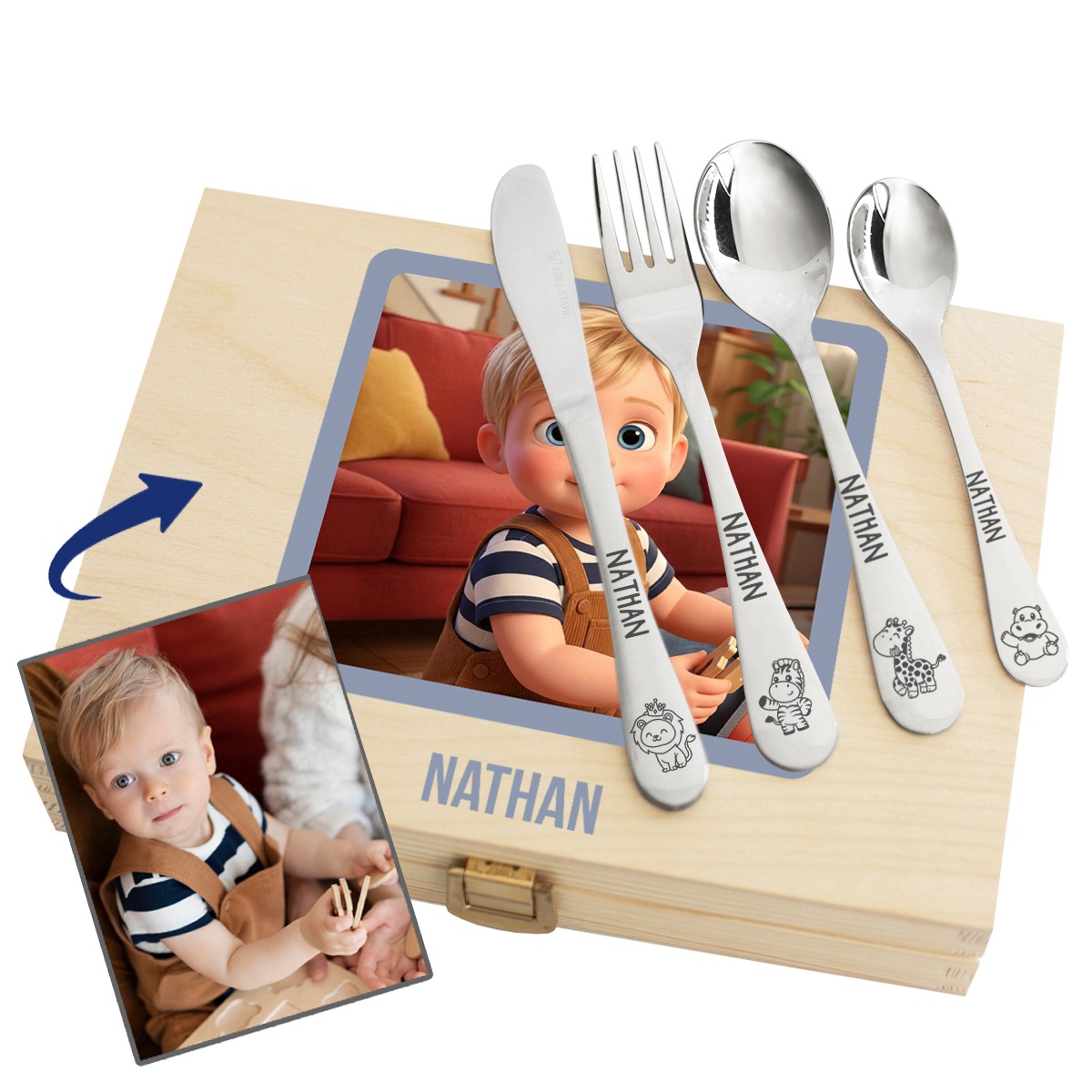 Conjunto de talheres infantis com foto transformada em estilo desenho Conjunto de talheres infantis com foto transformada em estilo desenho