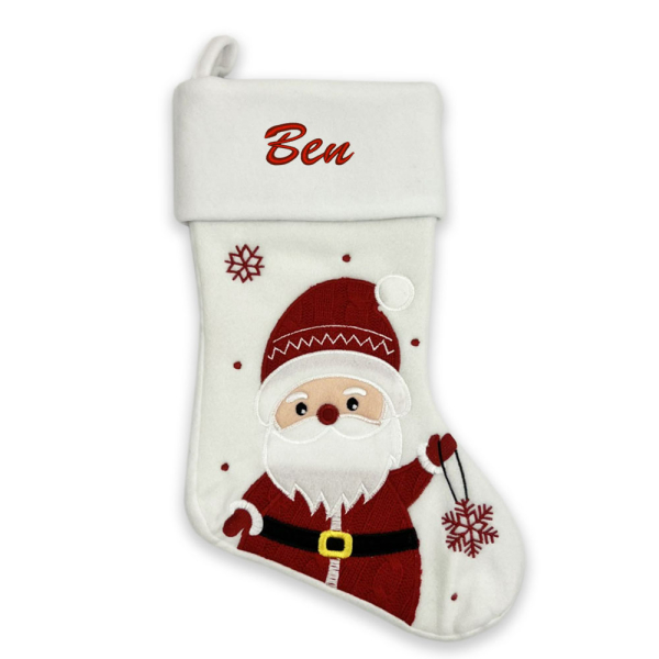 Bota de Natal branca bordada com um nome