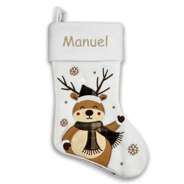 Bota de Natal branca bordada com um nome