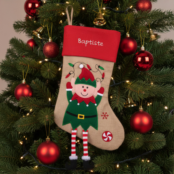 Bota de Natal com figuras natalinas e nome bordado