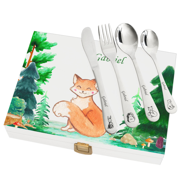 Conjunto de talheres personalizado com caixa de madeira estampada floresta