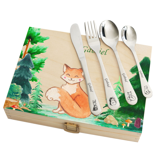 Conjunto de talheres personalizado com caixa de madeira estampada floresta