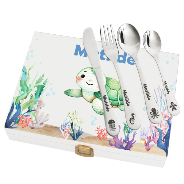 Conjunto de talheres infantis com caixa estampada oceano