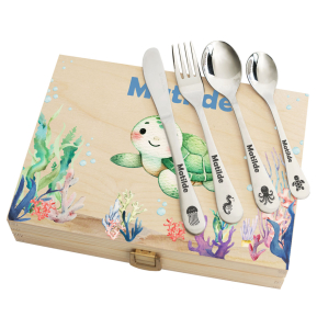 Conjunto de talheres infantis com caixa estampada oceano Conjunto de talheres infantis com caixa estampada oceano