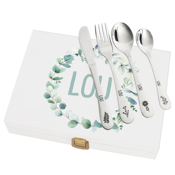 Cofrinho com padrão vegetal e seus talheres personalizados
