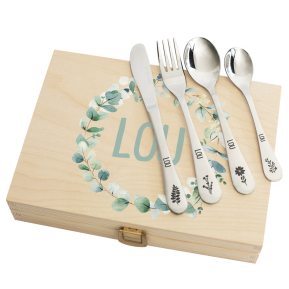 Cofrinho com padrão vegetal e seus talheres personalizados Cofrinho com padrão vegetal e seus talheres personalizados