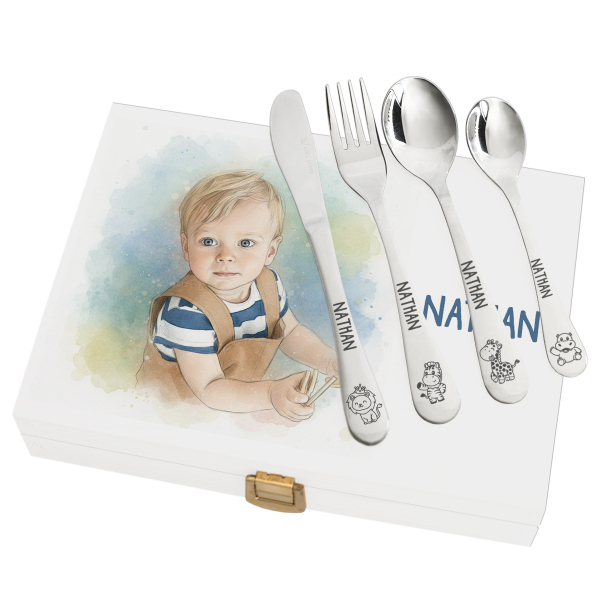 Conjunto de talheres infantil com foto transformada em aquarela