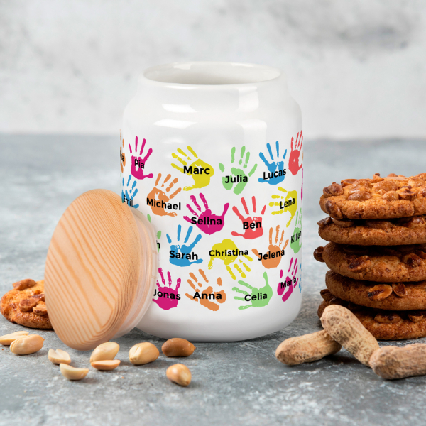 Frasco de bolachas personalizado com mãos de crianças
