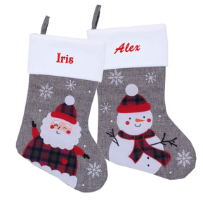 Meia de Natal cinzenta efeito linho bordada Meia de Natal cinzenta efeito linho bordada