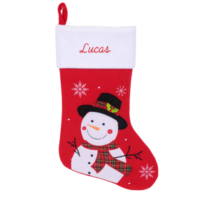 Meia de Natal em feltro vermelho com boneco de neve e bordado Meia de Natal em feltro vermelho com boneco de neve e bordado