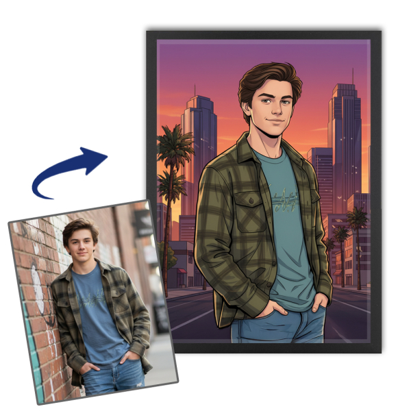 Retrato ilustrado em estilo de videojogo a partir de uma foto