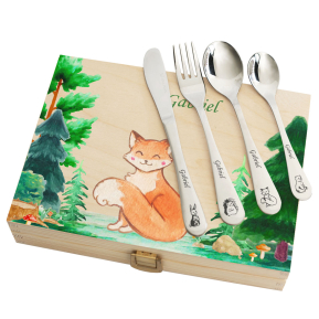 Talheres com caixa de madeira estampada floresta