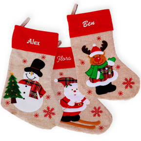 Meia de Natal bege com efeito linho bordada com nome