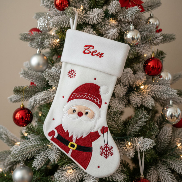 Bota de Natal branca bordada com um nome