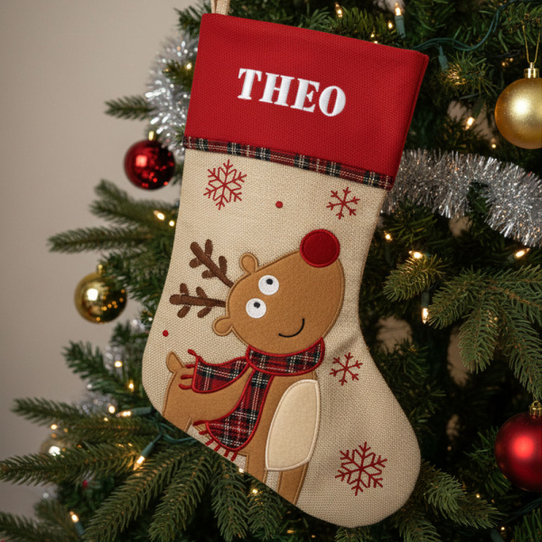 Bota de Natal efeito linho com debrum escocês