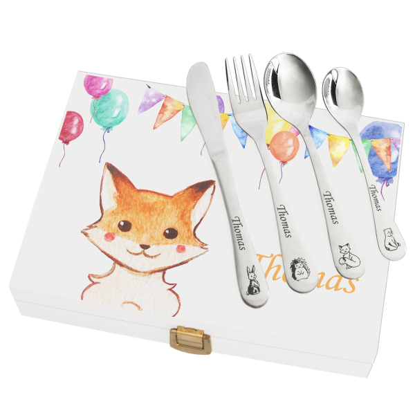 Caixa de talheres personalizada com balões e animais