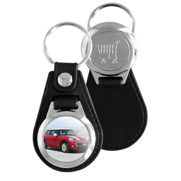 Chaveiro de couro com foto e ficha para carrinho de compras
