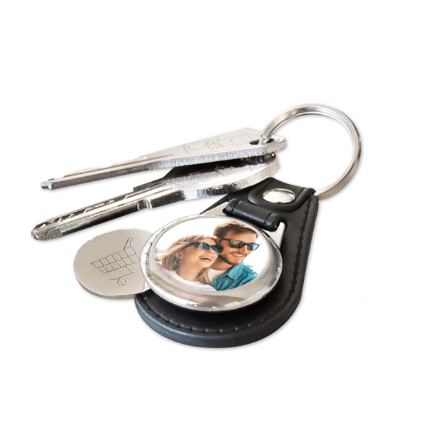 Chaveiro de couro com foto e ficha para carrinho de compras