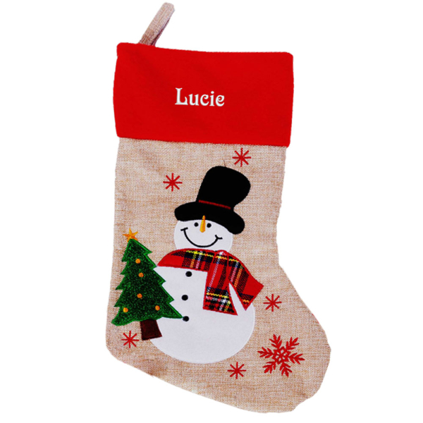 Meia de Natal bege com efeito linho bordada com nome