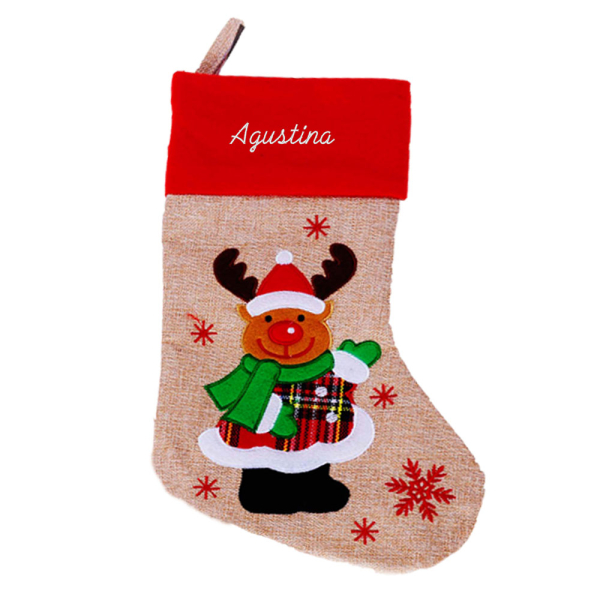 Meia de Natal bege com efeito linho bordada com nome