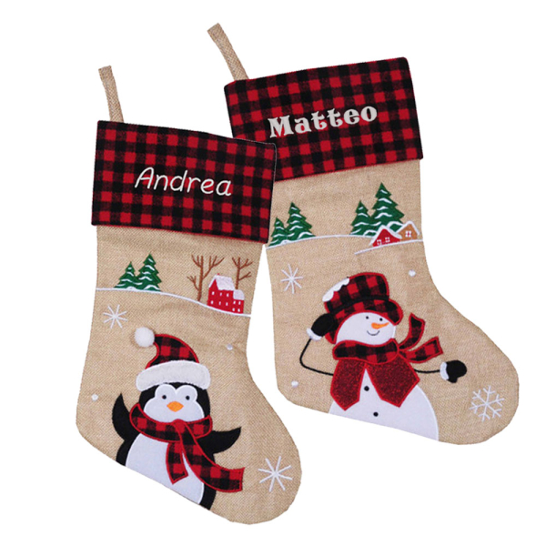 Meia de Natal bege personalizada com padrão escocês