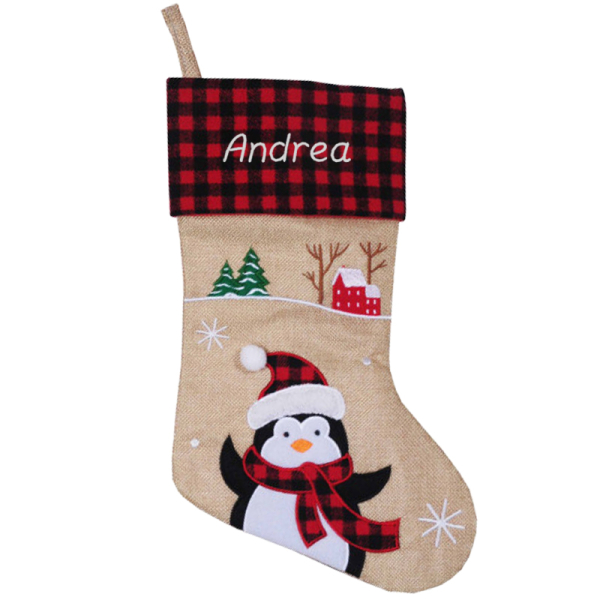 Meia de Natal bege personalizada com padrão escocês