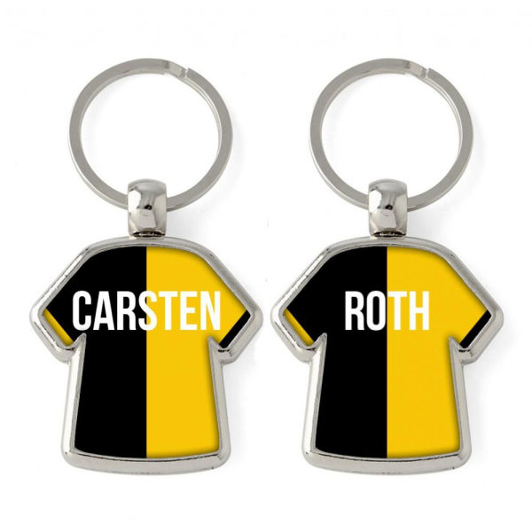 Porta-chaves em forma de camisola bicolor personalizada com nome