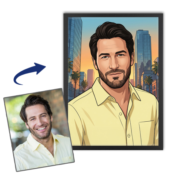 Retrato ilustrado em estilo de videojogo a partir de uma foto