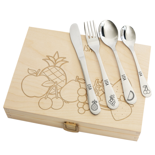 Talheres infantis personalizados com caixa de madeira frutas
