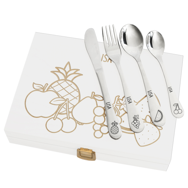 Talheres infantis personalizados com caixa de madeira frutas