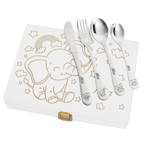 Talheres infantis personalizados com motivo de elefante