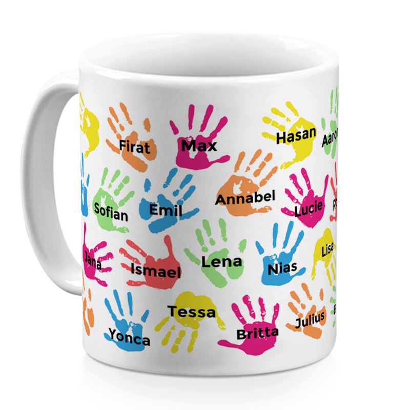 Caneca com as m�os da crian�a personalizada com o seu primeiro nome