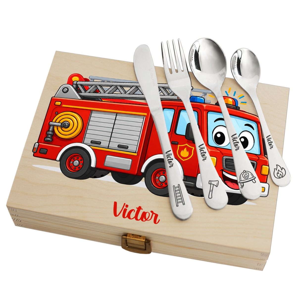 Coffret cami�o de bombeiros e os seus talheres personalizados